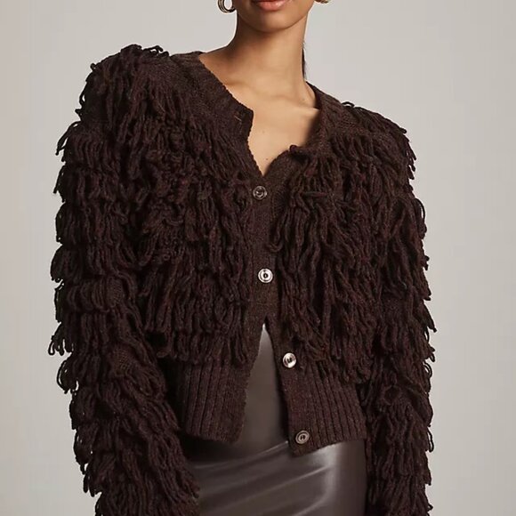 Anthropologie Brown. Loopy Fringe Textured Cardigan Size L. NWOT - Picture 1 of 9